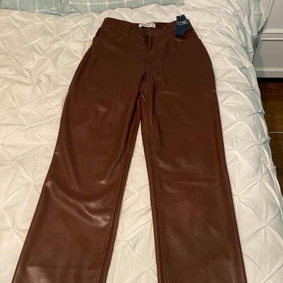 NWT Abercrombie Brown Leather Pants 90s straight ultra high rise - Picture 3 of 4